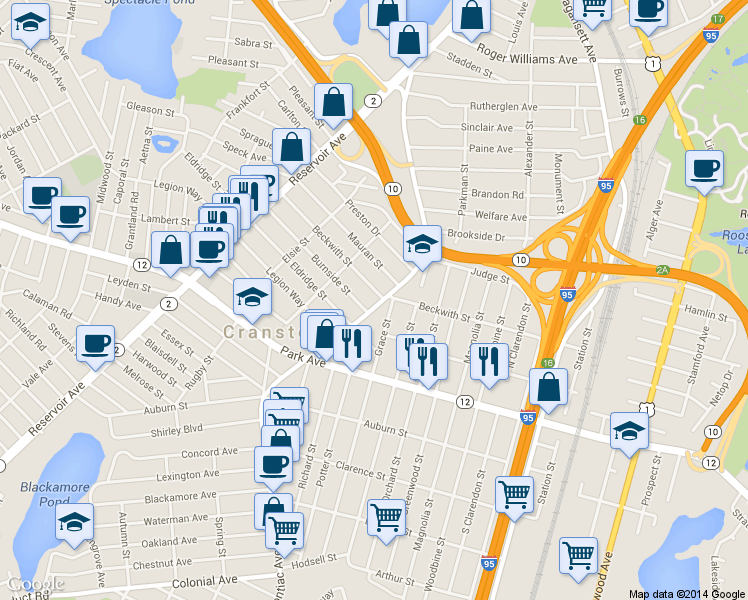 map of restaurants, bars, coffee shops, grocery stores, and more near 247 Pontiac Ave in Cranston