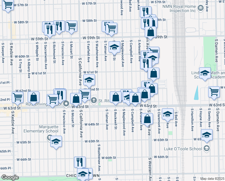 map of restaurants, bars, coffee shops, grocery stores, and more near 6200 South Rockwell Street in Chicago