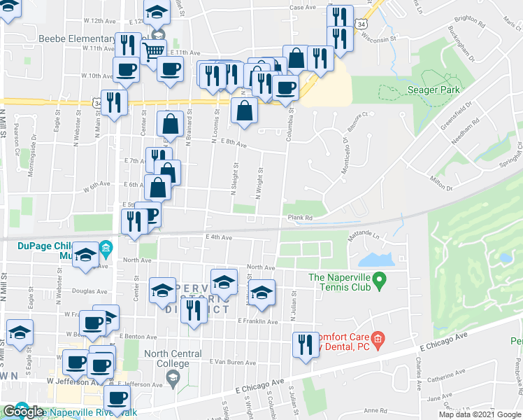 map of restaurants, bars, coffee shops, grocery stores, and more near 502 North Wright Street in Naperville