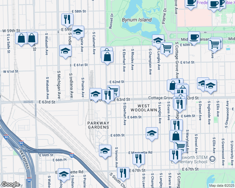 map of restaurants, bars, coffee shops, grocery stores, and more near 6241 South Vernon Avenue in Chicago