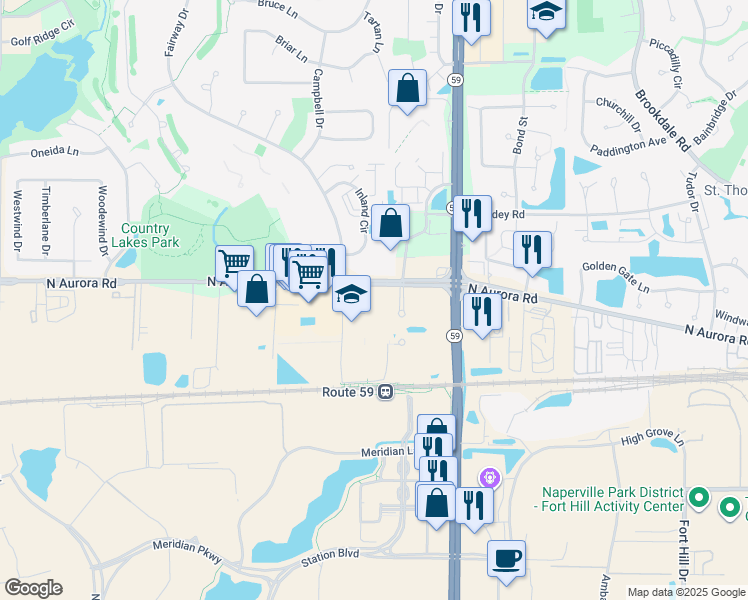 map of restaurants, bars, coffee shops, grocery stores, and more near 1907 Continental Avenue in Naperville
