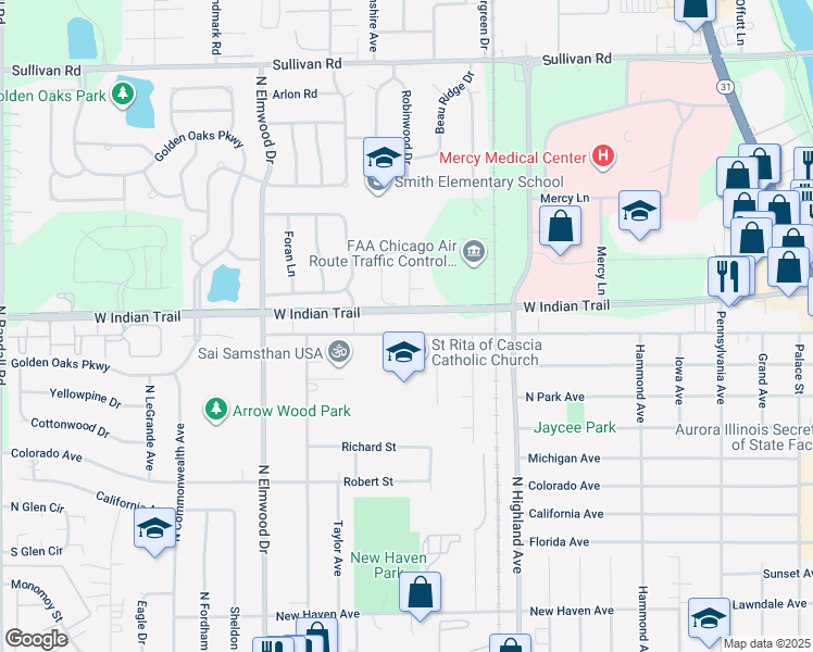 map of restaurants, bars, coffee shops, grocery stores, and more near 1178 Nantucket Road in Aurora