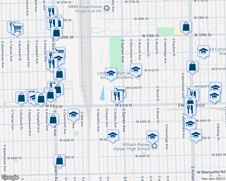 map of restaurants, bars, coffee shops, grocery stores, and more near 6204 South Seeley Avenue in Chicago