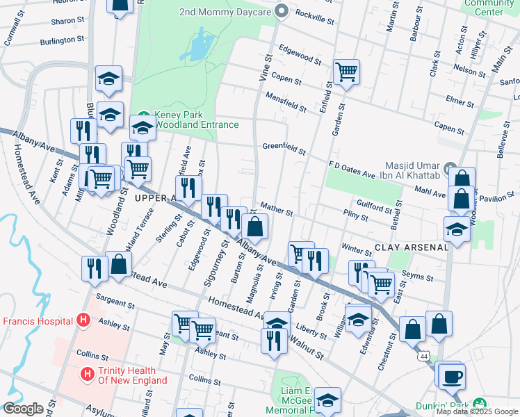 map of restaurants, bars, coffee shops, grocery stores, and more near 56 Vine Street in Hartford