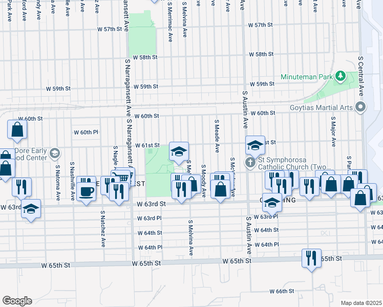 map of restaurants, bars, coffee shops, grocery stores, and more near 6119 South Melvina Avenue in Chicago