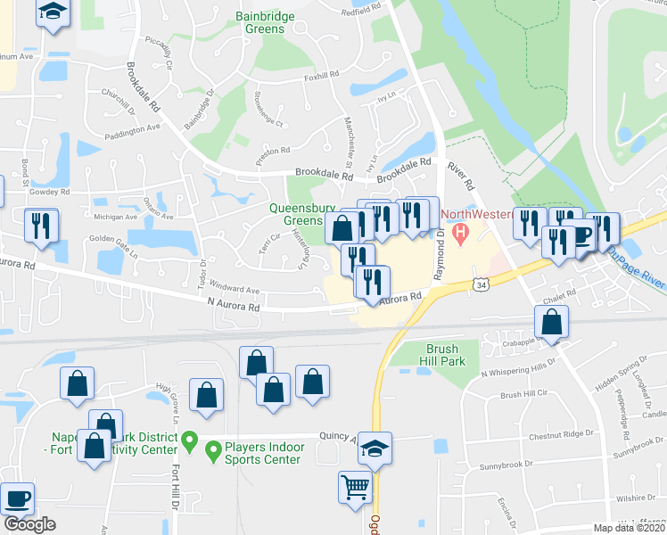 map of restaurants, bars, coffee shops, grocery stores, and more near 725 Small Court in Naperville