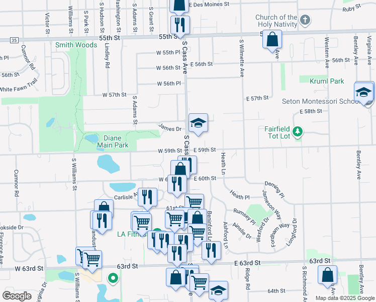 map of restaurants, bars, coffee shops, grocery stores, and more near S Cass Ave & W 59th St in Westmont