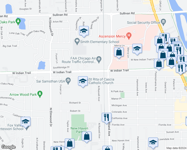 map of restaurants, bars, coffee shops, grocery stores, and more near 697 Old Indian Trail in Aurora