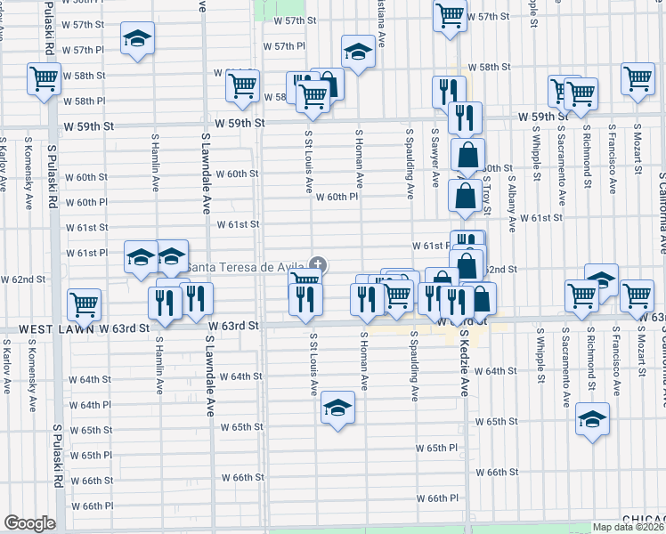 map of restaurants, bars, coffee shops, grocery stores, and more near 3436 West 62nd Street in Chicago