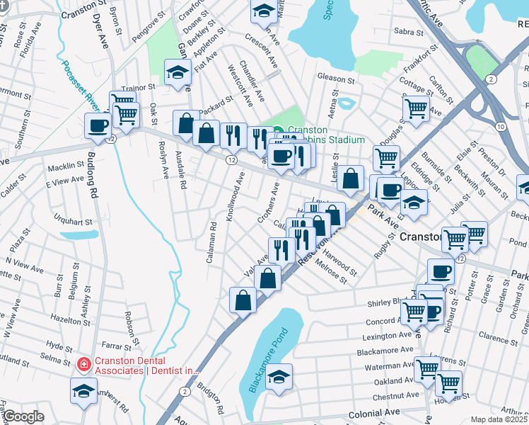 map of restaurants, bars, coffee shops, grocery stores, and more near 44 Crothers Avenue in Cranston