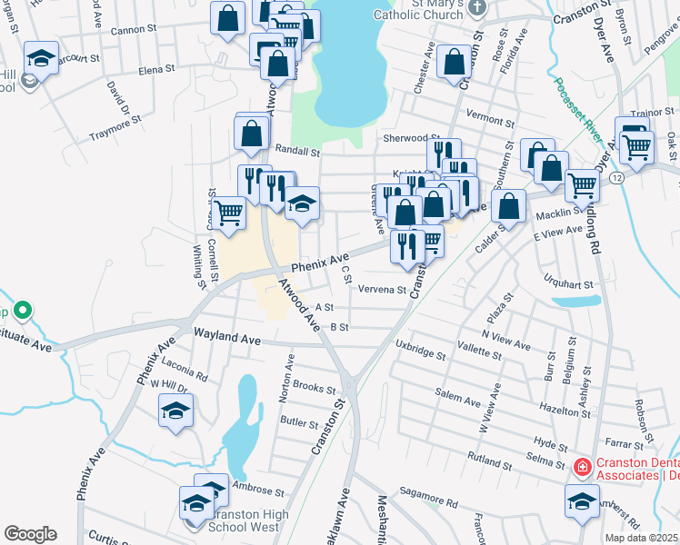 map of restaurants, bars, coffee shops, grocery stores, and more near 11 C Street in Cranston
