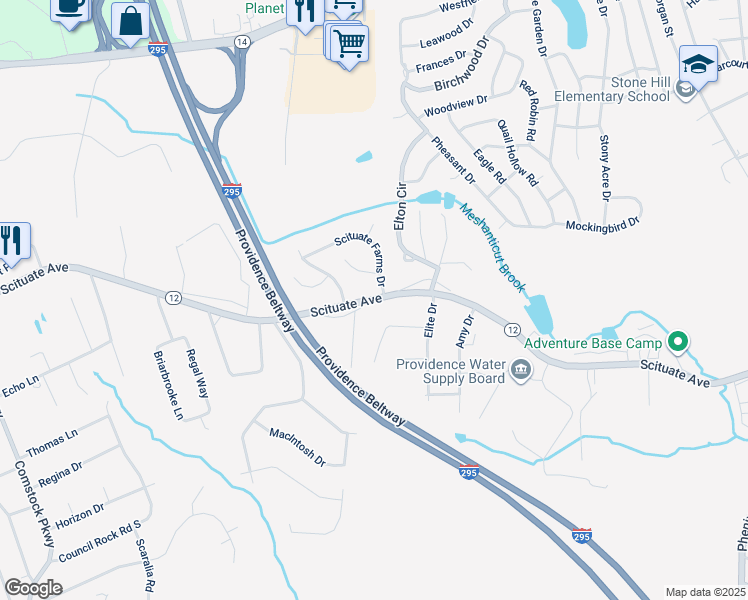 map of restaurants, bars, coffee shops, grocery stores, and more near 671 Scituate Avenue in Cranston
