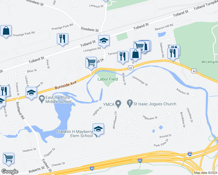 map of restaurants, bars, coffee shops, grocery stores, and more near 26 Woodlawn Circle in East Hartford