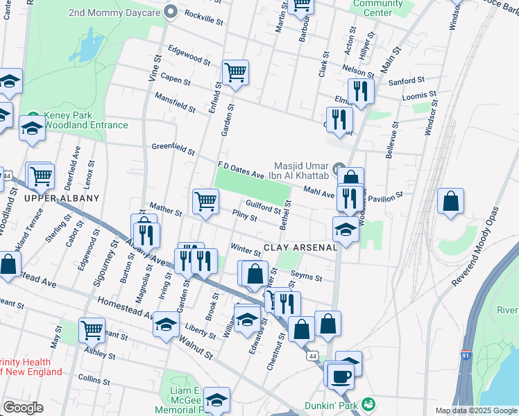 map of restaurants, bars, coffee shops, grocery stores, and more near 34 Guilford Street in Hartford