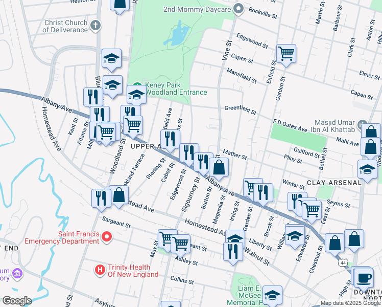 map of restaurants, bars, coffee shops, grocery stores, and more near 124-126 Edgewood Street in Hartford