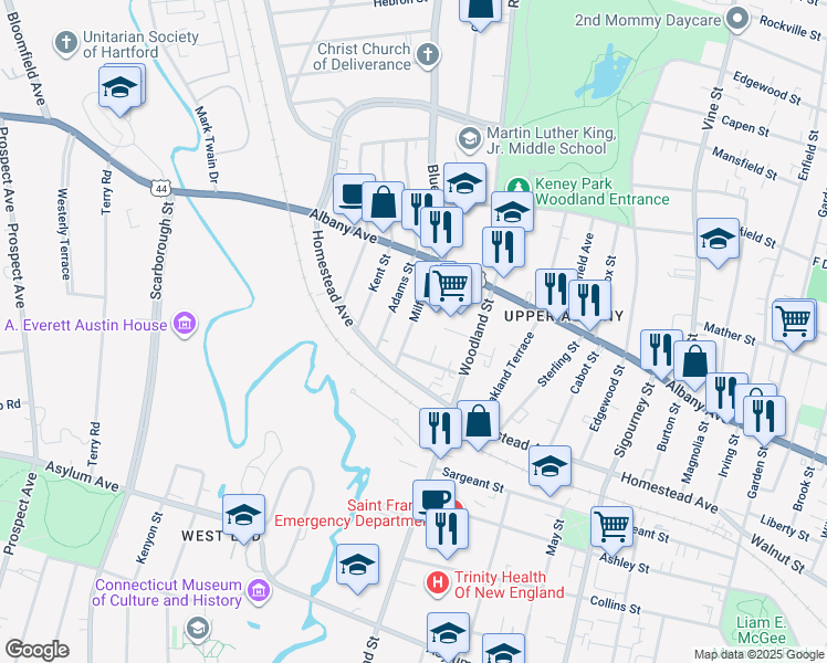 map of restaurants, bars, coffee shops, grocery stores, and more near 34 Milford Street in Hartford