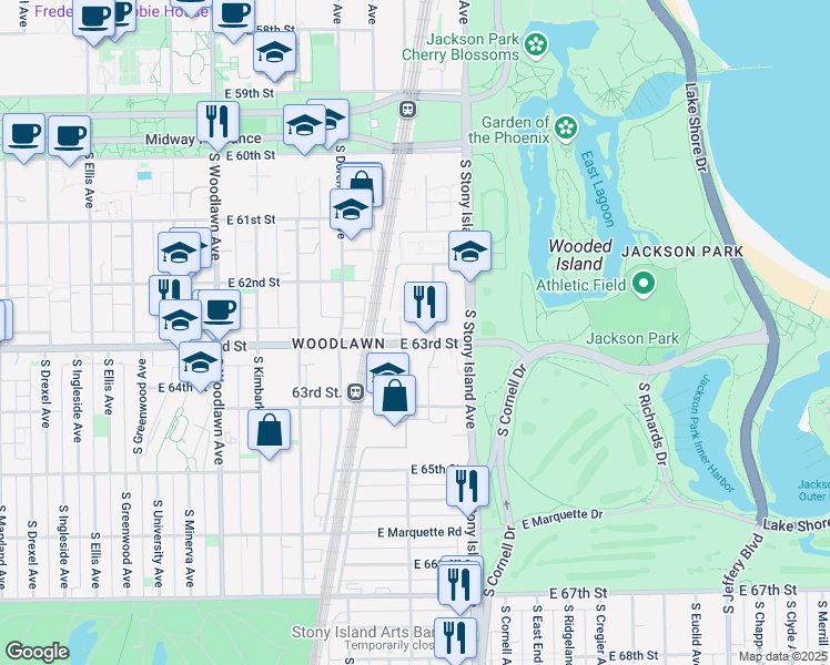 map of restaurants, bars, coffee shops, grocery stores, and more near 6254 South Park Shore East Court in Chicago