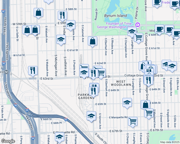 map of restaurants, bars, coffee shops, grocery stores, and more near 64325 South Doctor Martin Luther King Junior Drive in Chicago