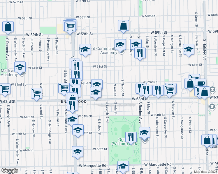 map of restaurants, bars, coffee shops, grocery stores, and more near 6204 South Ada Street in Chicago