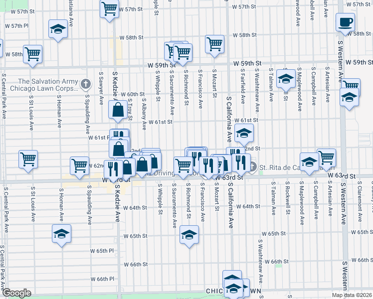 map of restaurants, bars, coffee shops, grocery stores, and more near 6158 South Richmond Street in Chicago