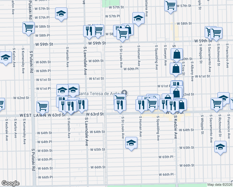 map of restaurants, bars, coffee shops, grocery stores, and more near 3512 West 62nd Street in Chicago