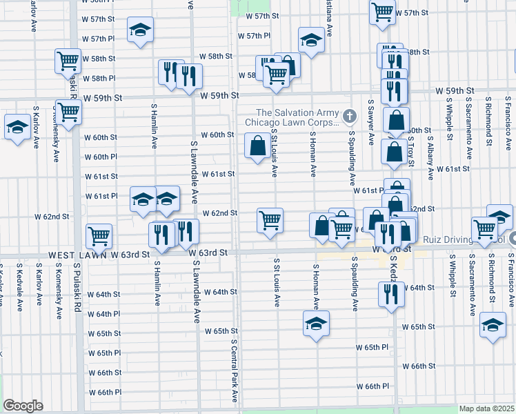 map of restaurants, bars, coffee shops, grocery stores, and more near 3512 West 62nd Street in Chicago