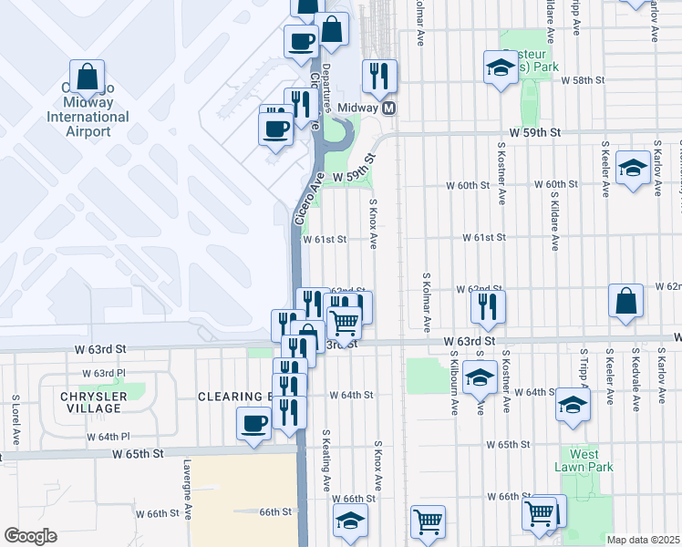 map of restaurants, bars, coffee shops, grocery stores, and more near 6137 South Keating Avenue in Chicago