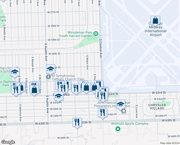 map of restaurants, bars, coffee shops, grocery stores, and more near 6122 South Parkside Avenue in Chicago