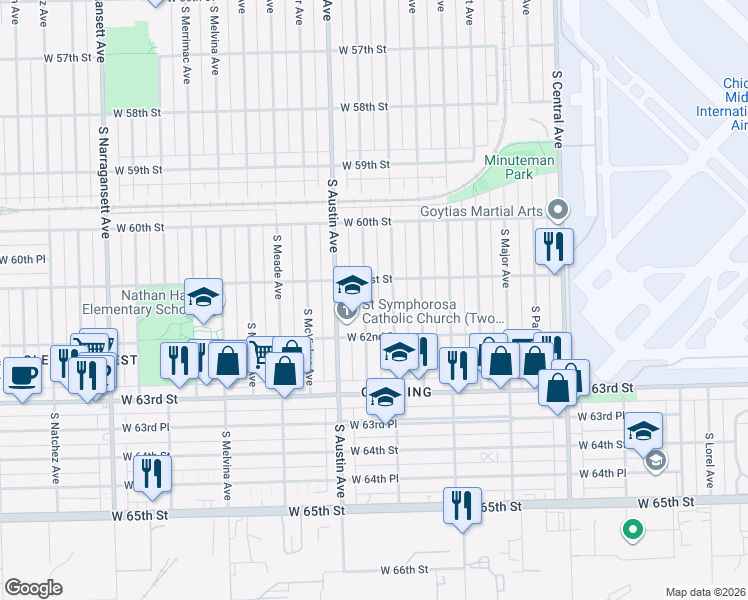 map of restaurants, bars, coffee shops, grocery stores, and more near 6116 South Mayfield Avenue in Chicago