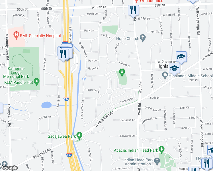 map of restaurants, bars, coffee shops, grocery stores, and more near 5910 Timber Trails Boulevard in Western Springs