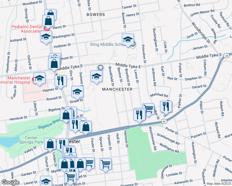 map of restaurants, bars, coffee shops, grocery stores, and more near 101 Brookfield Street in Manchester
