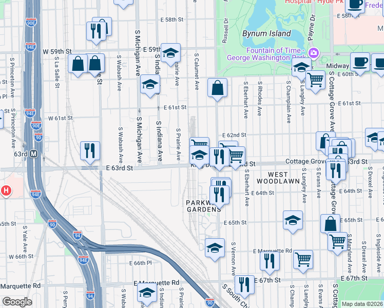 map of restaurants, bars, coffee shops, grocery stores, and more near 6259 South Prairie Avenue in Chicago