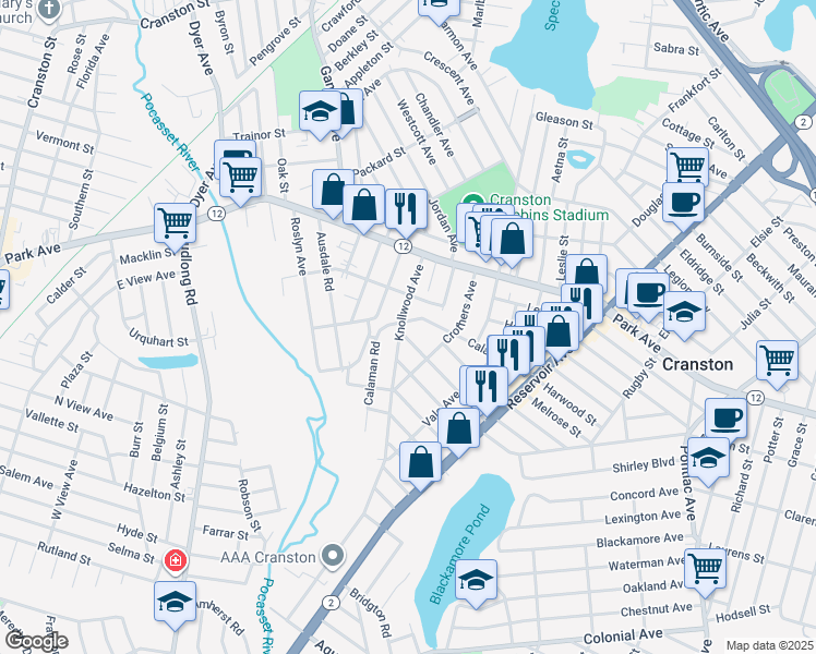map of restaurants, bars, coffee shops, grocery stores, and more near 122 Calaman Road in Cranston