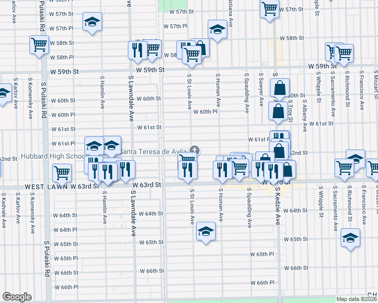 map of restaurants, bars, coffee shops, grocery stores, and more near 3500 West 62nd Street in Chicago