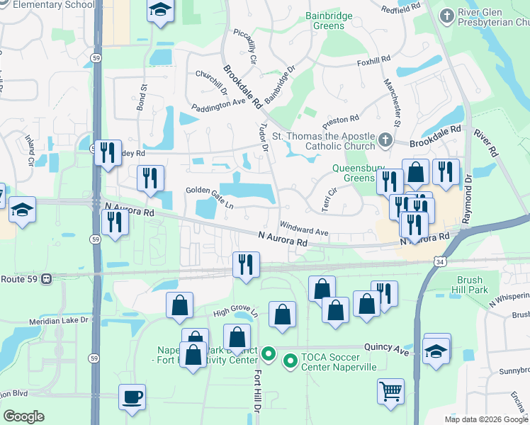 map of restaurants, bars, coffee shops, grocery stores, and more near 627 Lakeridge Court in Naperville