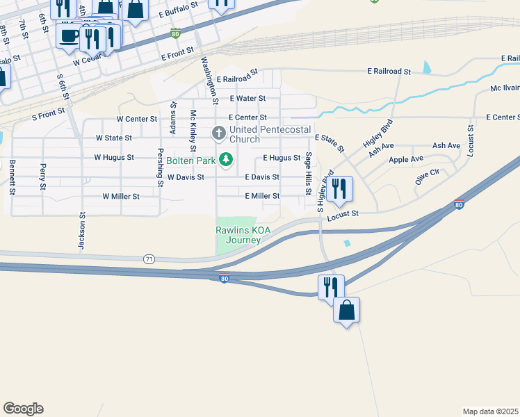 map of restaurants, bars, coffee shops, grocery stores, and more near 710 Miller Court in Rawlins