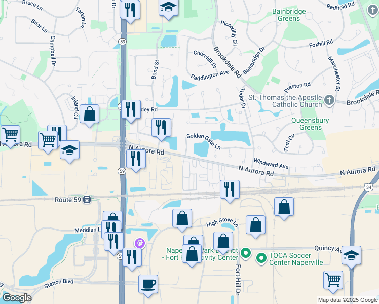 map of restaurants, bars, coffee shops, grocery stores, and more near 1994 Golden Gate Lane in Naperville