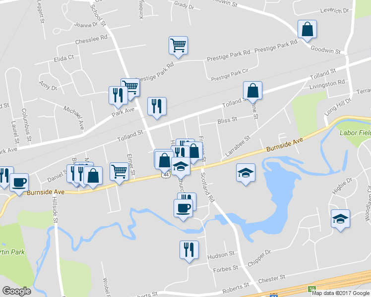 map of restaurants, bars, coffee shops, grocery stores, and more near 33 William Street in East Hartford
