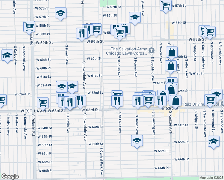 map of restaurants, bars, coffee shops, grocery stores, and more near 3512 West 62nd Street in Chicago