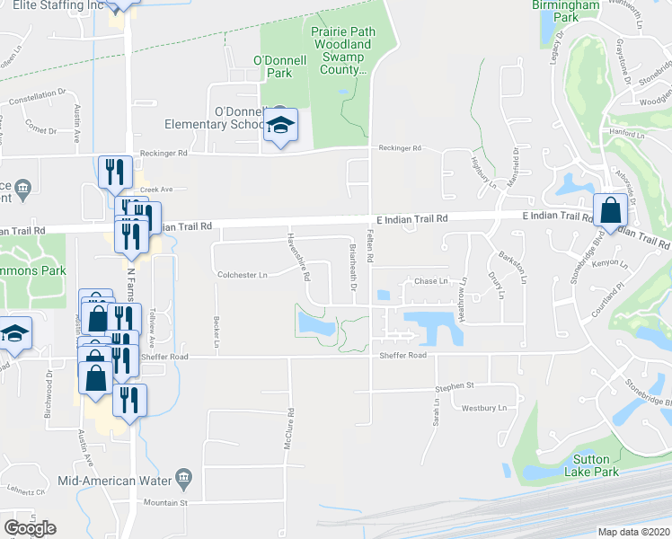 map of restaurants, bars, coffee shops, grocery stores, and more near 1167 Kingsley Lane in Aurora