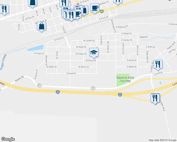 map of restaurants, bars, coffee shops, grocery stores, and more near 431 Donnel Street in Rawlins