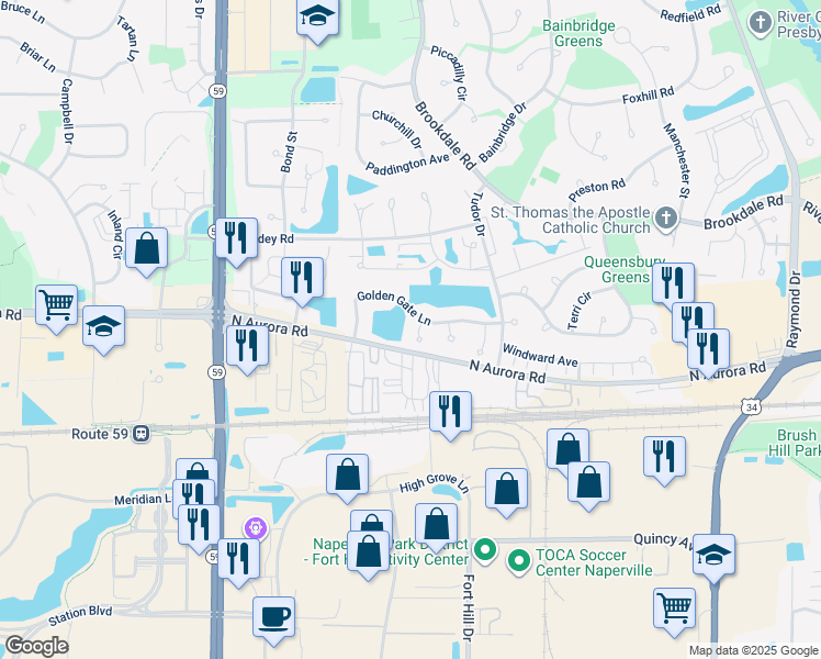map of restaurants, bars, coffee shops, grocery stores, and more near 619 Esla Court in Naperville