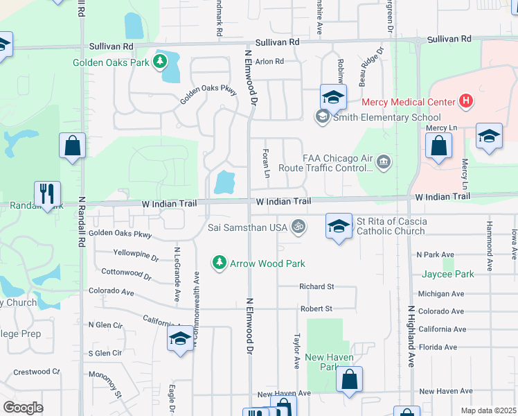 map of restaurants, bars, coffee shops, grocery stores, and more near 981 Old Indian Trail in Aurora