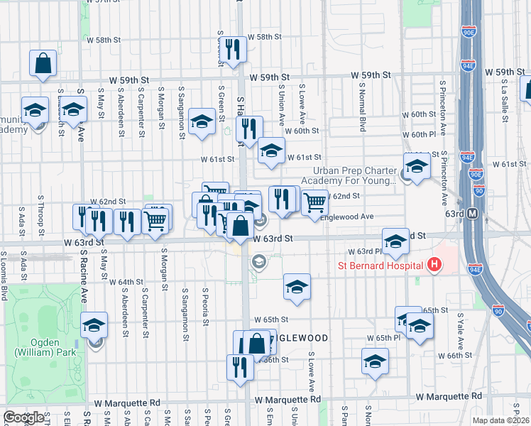 map of restaurants, bars, coffee shops, grocery stores, and more near 740 West Englewood Avenue in Chicago
