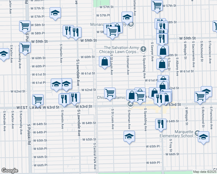 map of restaurants, bars, coffee shops, grocery stores, and more near 3512 W 62nd St in Chicago