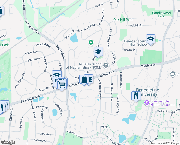 map of restaurants, bars, coffee shops, grocery stores, and more near 65640 Avon Court in Naperville
