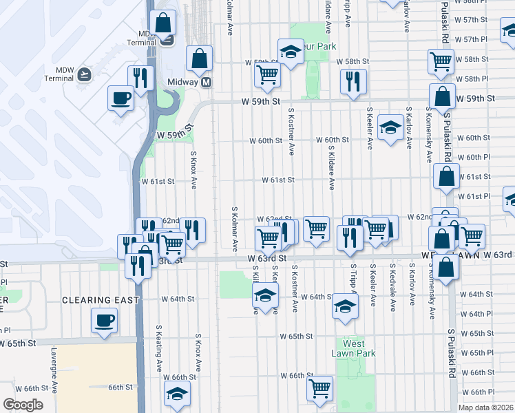 map of restaurants, bars, coffee shops, grocery stores, and more near 6137 South Kilbourn Avenue in Chicago
