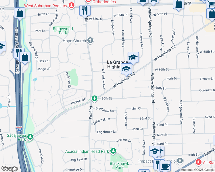 map of restaurants, bars, coffee shops, grocery stores, and more near 5933 South Franklin Avenue in La Grange Highlands