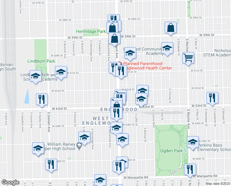 map of restaurants, bars, coffee shops, grocery stores, and more near 6210 South Ashland Avenue in Chicago