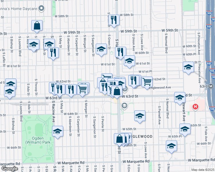 map of restaurants, bars, coffee shops, grocery stores, and more near 6228 South Green Street in Chicago